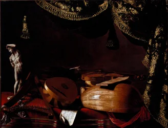 Stilleben med musikinstrument Målning av Evarista Baschenis (1617-1677) 1600-talet. Bergamo, Accademia Carrara, Italien
