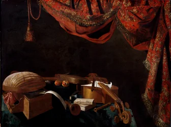 Stilleben med musikinstrument och böcker Målning av Evaristo Baschenis