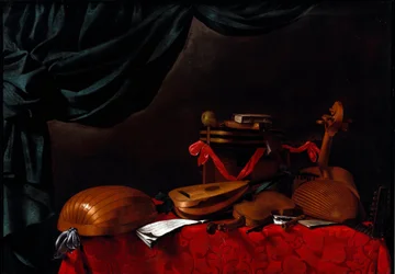 Stilleben med musikinstrument och ett päron Målning av Evarista Baschenis (1617-1677) 1600-talet. Bergamo, Accademia Carrara, Italien