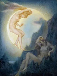 Symbolism : "La Terre endormie et la Lune se reveillant" (Den sovande jorden och den vaknande månen) Målning av Evelyn De Morgan (1855-1919) (pre-raphaelite) Collection privee