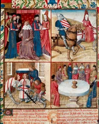 Kung Arthur håller hov, Lancelot ledd av en dam till klostret, mjukare från Galahad (Gaalad eller Galaad) till klostret och riddarna av det runda bordet runt den heliga graalmanuskriptsidan "" Riddarens romerska Tristan och drottning Yseult" av Gassien de 