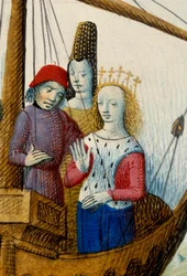 Drottning Iseult (Iseult) av Tristan och de gick ombord för kungariket Logres Miniature hämtat från "" Romanesque du Chevalier Tristan och drottning Yseult"" av Gassien de Poitiers upplyst av Everard de Espinques (Evrard d