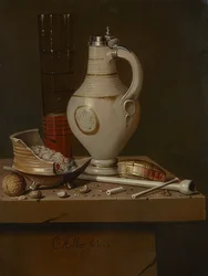 Stilleben med röktillbehör och ölmugg. 1664