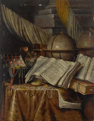 Vanitas stilleben med en jordglob, böcker och ett skrin med juveler på ett draperat bord