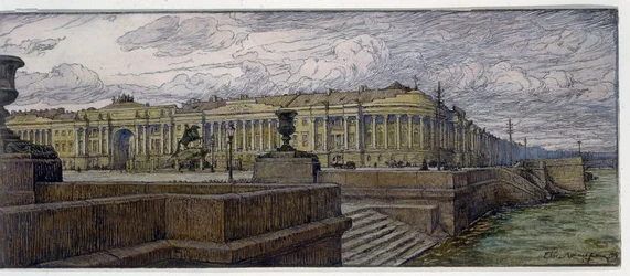 Senatplatsen i Sankt Petersburg. Beskrivning av byggnader på stranden av Neva. Verk av Evgeny Evgenyevich Lanceray (Eugene Lansere) (1875-1946), litografi