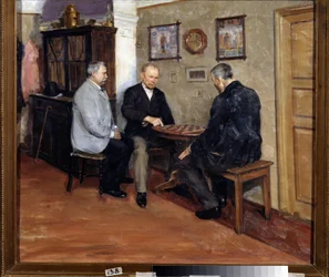 Damspelare (The Drafts Players). Målning av Evgeni Iosifovich Bukovetsky (1866-1948). Olja på duk, 71 x 80 cm