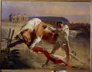 Uppgörelsen av Jan (Ian) Usmar (Usmovich, Usmoshvets). (The Trial of Strength of Yan Usmovets). Traditionell rysk legendarisk hjälte, satt på prov av storhertigen Vladimir (cirka 960-1015) för att stoppa en tjur med sina bara händer. Målning av Yevgraf Se