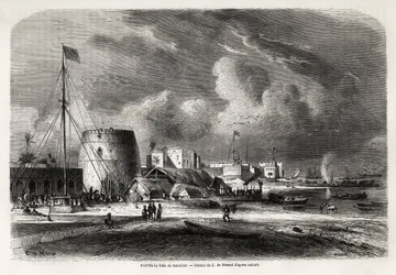 Hamnen i staden Zanzibar (nuvarande Tanzania), teckning av Evremond de Berard (1824-1881), för att illustrera kapten Burtons resa till Östafrikas stora sjöar 1857-1859. Gravyr i "" Le tour du monde, nouveau journal des voyages"" Paris