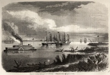 Skepp och bogserbåt på Mississippi, teckning av Evremond Auguste de Berard (1824-1881), för att illustrera resan till New Orleans 1855 av Elysee (Elisee) Reclus (1830-1905). Gravyr i "" Le tour du monde, nouveau journal des voyages"" Paris