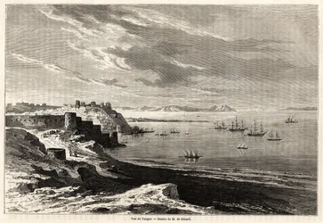 Vy över Tanger (Marocko), teckning av Evremond de Berard (1824-1881), för att illustrera M.F.Schicklers resanteckningar till Marocko. Gravyr i "" Le tour du monde, nouveau journal des voyages"" Paris