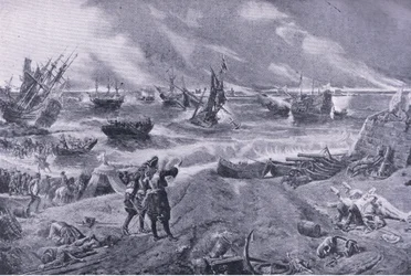 James II vid slaget vid La Hogue, 23 maj 1692, illustration från brittiska striderna på land och hav, 1915
