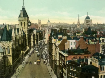 Vy från St. Clement Danes som visar lagdomstolar, c1900-talet.