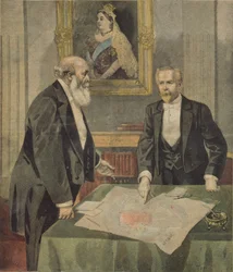 Anglo-fransk konvention undertecknad i London av Paul Cambon (1843-1924), den franske ambassadören, och Lord Salisbury (1830-1904) den brittiske premiärministern, från Le Petit Journal, 9 april 1899 (färgad sv