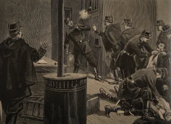 Etievant, anarkisten skjuter från gallret, illustration från 