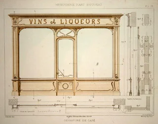 Design för en vinhandlares butiksfront, illustration från 