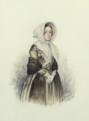 Porträtt av en ung dam i en motorhuv med vita handskar, 1840 (wc och penna på papper)