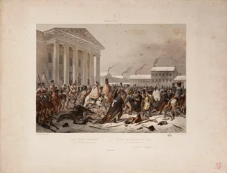 Den retirerande franska armén på Rådhustorget i Vilna, graverad av Victor Adam (1801-66) och Louis Pierre Alphonse Bichebois (1801-50) 1812