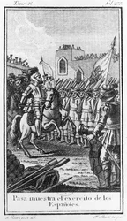 Hernando Cortes (1485-1547) Granskar sina trupper, graverad av Antonio Rodriquez