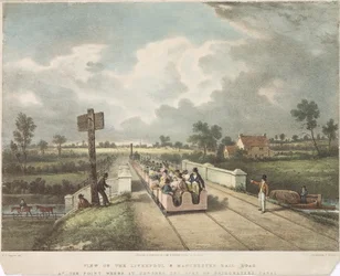 Utsikt över Liverpool & Manchester Rail Road vid punkten där den korsar Duke of Bridgewaters Canal, graverad av A.B. Clayton, 1831