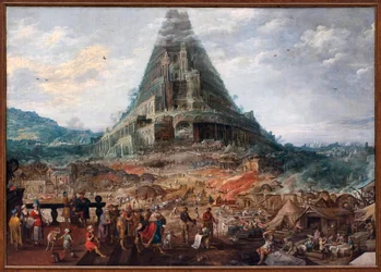 Babels torn. Målning av Joos de Momper II (1564-1635), figurer tillskrivna Frans Francken II (1581-1642), olja på trä. Flamländsk konst 1600-talet. Belgiens kungliga konstmuseum, Bryssel.