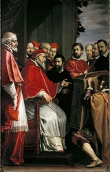 Michelangelo presenterar en modell av byggnaden av Rota-domstolen på Giulia-gatan för påven Julius III