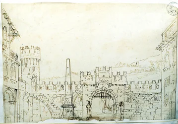 Scenografisk miljö av F. Galliari för Antonio Vivaldis opera "Caton d