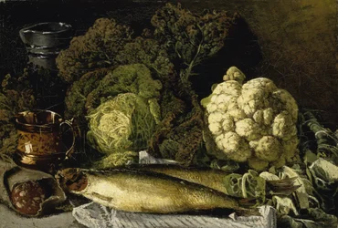 Stilleben med grönsaker och fisk