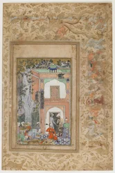 Babur underhåller i Sultan Ibrahim Lodis palats, ca 1585 (ogenomskinlig akvarell och guld på papper)