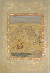 Jahangir tittar på en elefantkamp, ca. 1605.