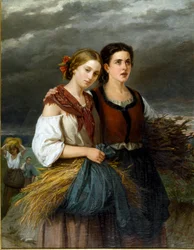 Åkrarnas återkomst Två unga bönder som bär vetekolvar i sina förkläden står tillsammans. Målning av Federica Giuliano Gervasoni (1838-1915) 1863 Sön. 135x105 cm Genes Nervi, Galleria d