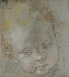 Recto: Head of a Child (svart, röd, vit, rosa och gul krita på blågrått papper)