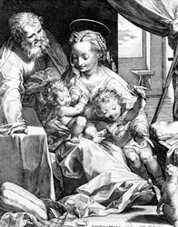 Den heliga familjen, graverad av Cornelis Cort, 1577