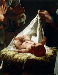 Tillbedjan av herdarna av Federico Bencovich (1677-1753), olja på panel, 233x166 cm, detalj