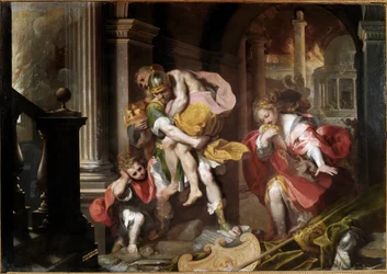 Aeneas bär sin far Anchises på sina axlar och flyr Trojas brand. Målning av Federico Fiori, kallad il Barocci (1528/35-1612), 1598. Olja. 179x253 cm. Rom, Galleria Borghese