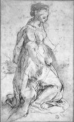 Studie för jungfruns figur (svart krita och penna och bläck med tvätt på papper)