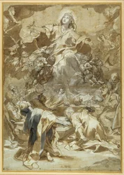 The Assumption of the Virgin (penna & brunt bläck med bruna och gråa tvättar)