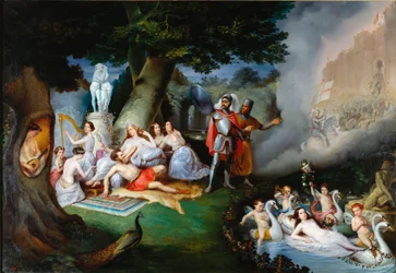 Renaud i Armides trädgård Illustration av en scen av "The Jerusalem delivree" (La gerusalemme liberata) av Torquato Tasso (känd som Muggen). Den förtrollande Armide omgiven av mycket symboliska Amours seduit med hjälp av sin magiska spegel riddaren