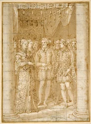 Trolovning av Ottaviano Farnese till Margareta av Parma, i närvaro av Henri II av Frankrike (penna och bläck på papper)