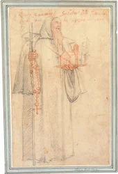 Fra Stefano, kamaldoliternas prokurator i Vallombrosa, som Saint Romuald, med en modell av en kyrka och ett radband, 1577