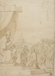 Påven välsignar två kvinnor i närvaro av satyr och församlade kvinnor med Castel Sant Angelo i bakgrunden