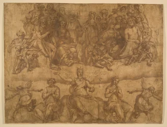 Återlösta själar och allegoriska figurer, studie för den sista domen fresk i kupolen i Duomo, Florens
