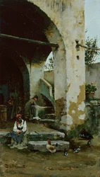 Gårdsscen (olja på panel)