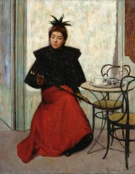 På café, av Federico Zandomeneghi (1841-1917), olja på duk, 41x33 cm