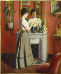 Kvinna framför en spegel av Zandomeneghi, Federico (1841-1917). Olja på duk, storlek: 65x55