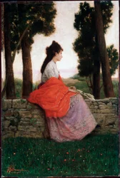 Ung dam som väntar på något, sittande på en liten vägg - Målning av Federico Zandomeneghi (1841-1917) Privat samling
