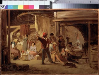Bakom cirkusscenen. Målning av Feodor Andeyevich Bronnikov (1827-1902). Olja på duk