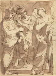 Allegory of Justice (penna och brunt bläck med violettbrun lav över svart krita på vävpapper)