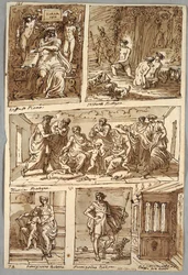 Design efter målningar av Raphael och målningar i Bologna av Albani, Francia, Parmigianino; Monument Verso: Anatomisk studie