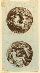 Teckning, En bevingad seger i vagn; En bevingad seger som kröner Minerva; två rundlar, ca 1805