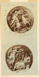 Teckning, En bevingad seger i vagn; En bevingad seger som kröner en flodgud, Reno; två rundlar, ca 1805